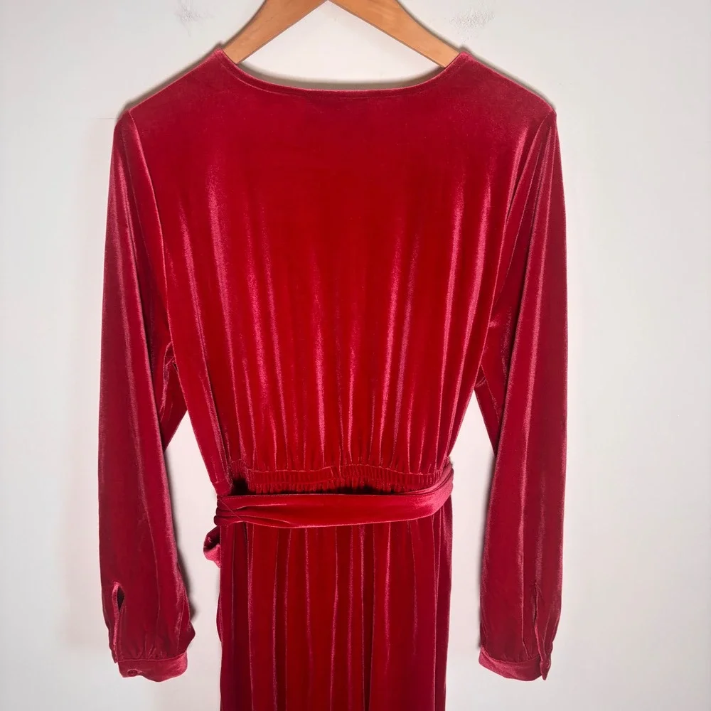 Lane Bryant Red Velvet Wrap Midi Dress Pockets Long Sleeve Ruffle Hem 14/16